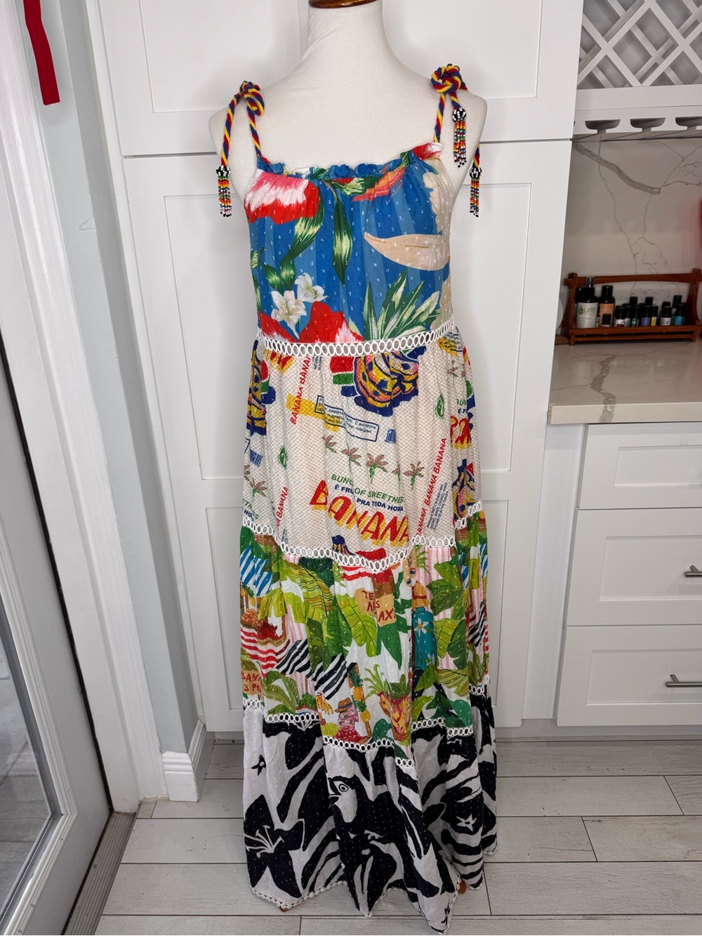Farm Rio Women’s Tropical Banana Maxi Dress Size Small Colorful Beaded Ties